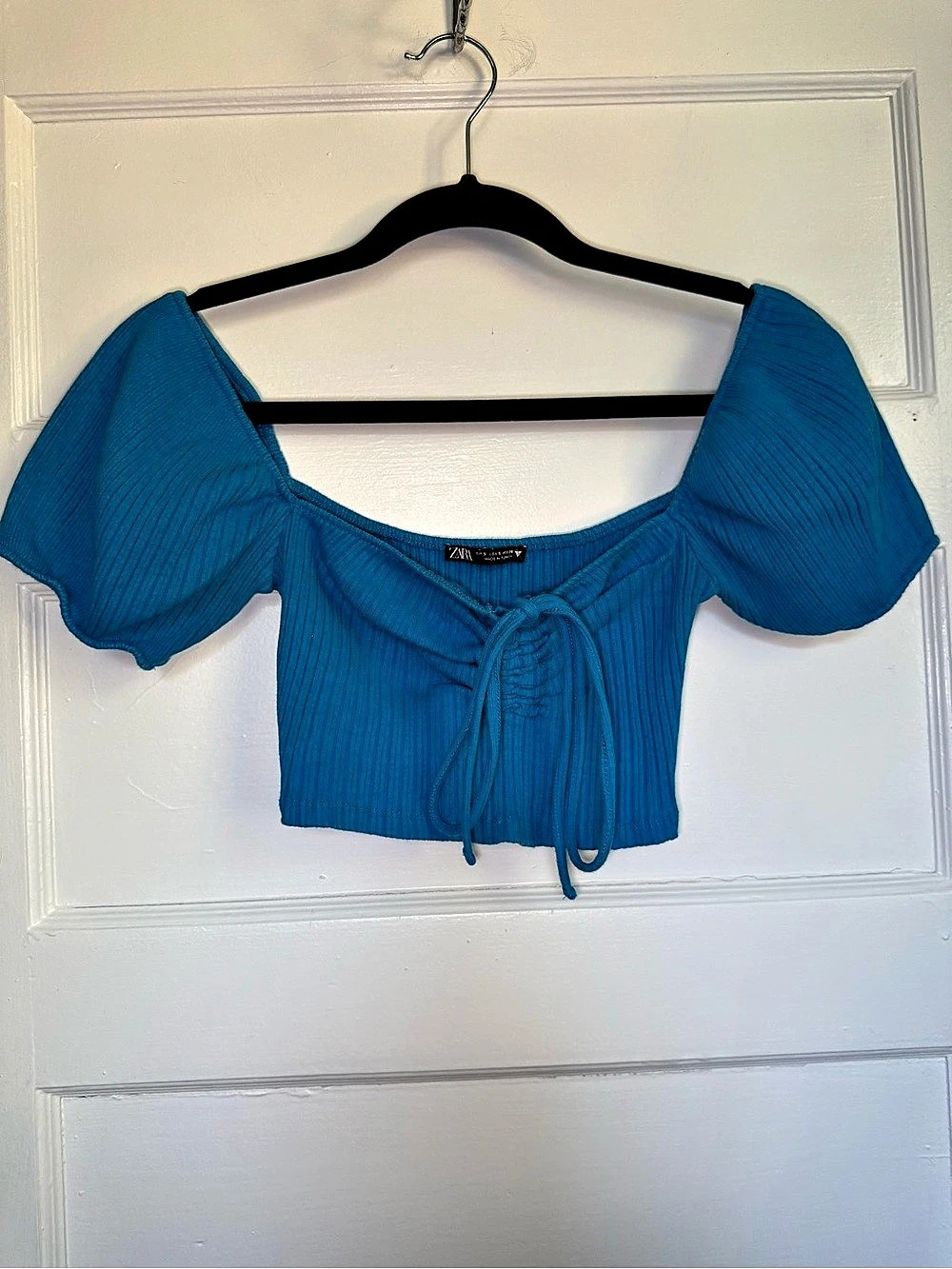 Zara Ruched Ribbed Crop Top Bright Blue Puff Sleeve Y2K Summer Small